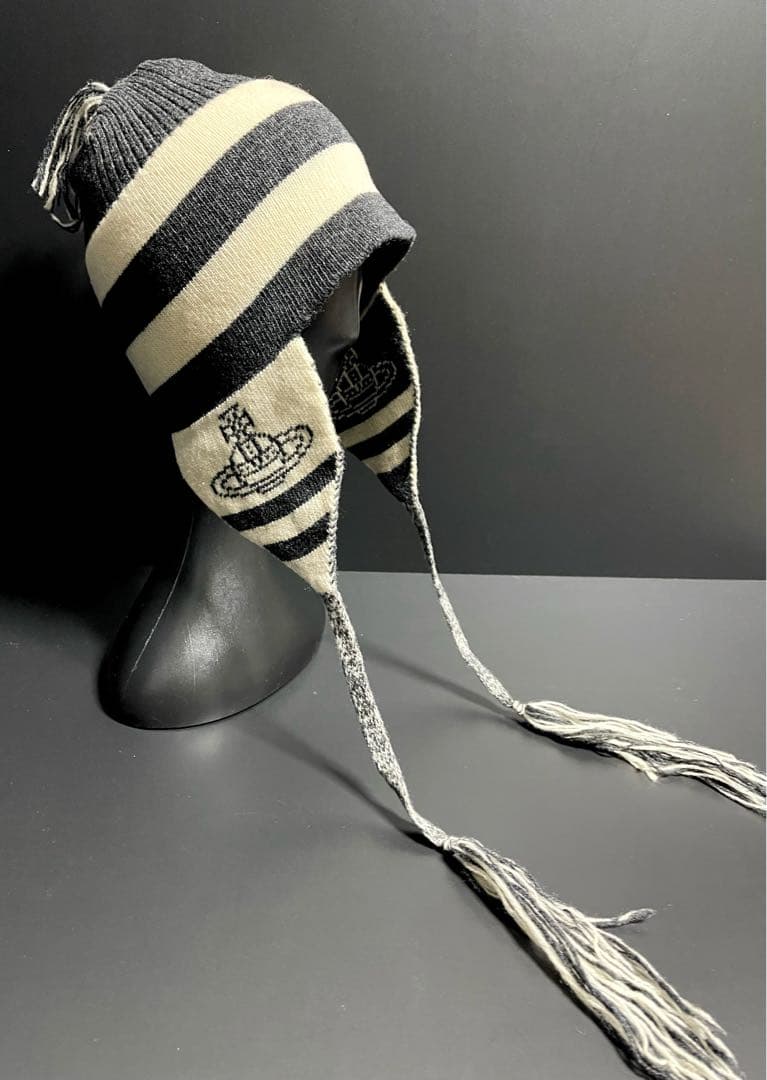 90s激レア旧タグ最初期型★廃盤/正規品★美品ヴィヴィアン耳当て付きニット帽黒白