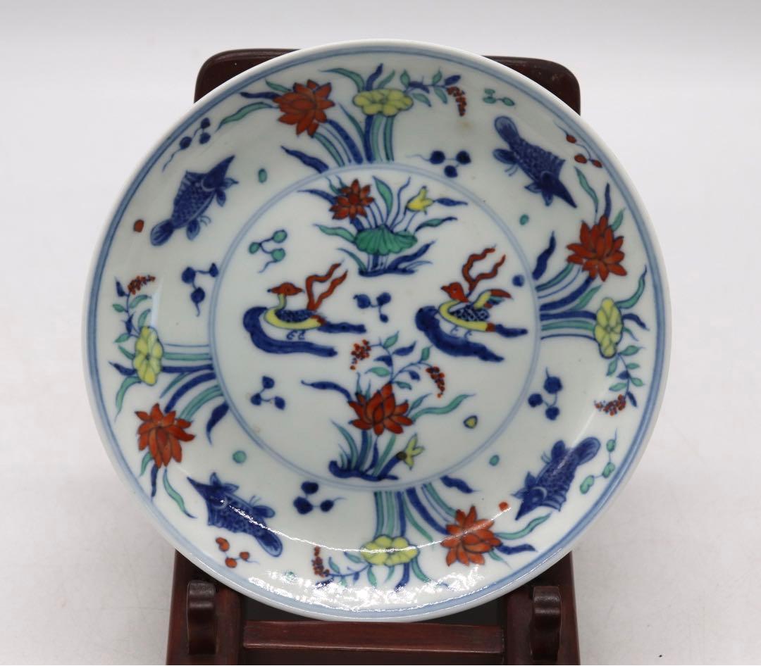 中国　とう彩　蓮&魚紋皿　大明成化年製銘　送料込み1124