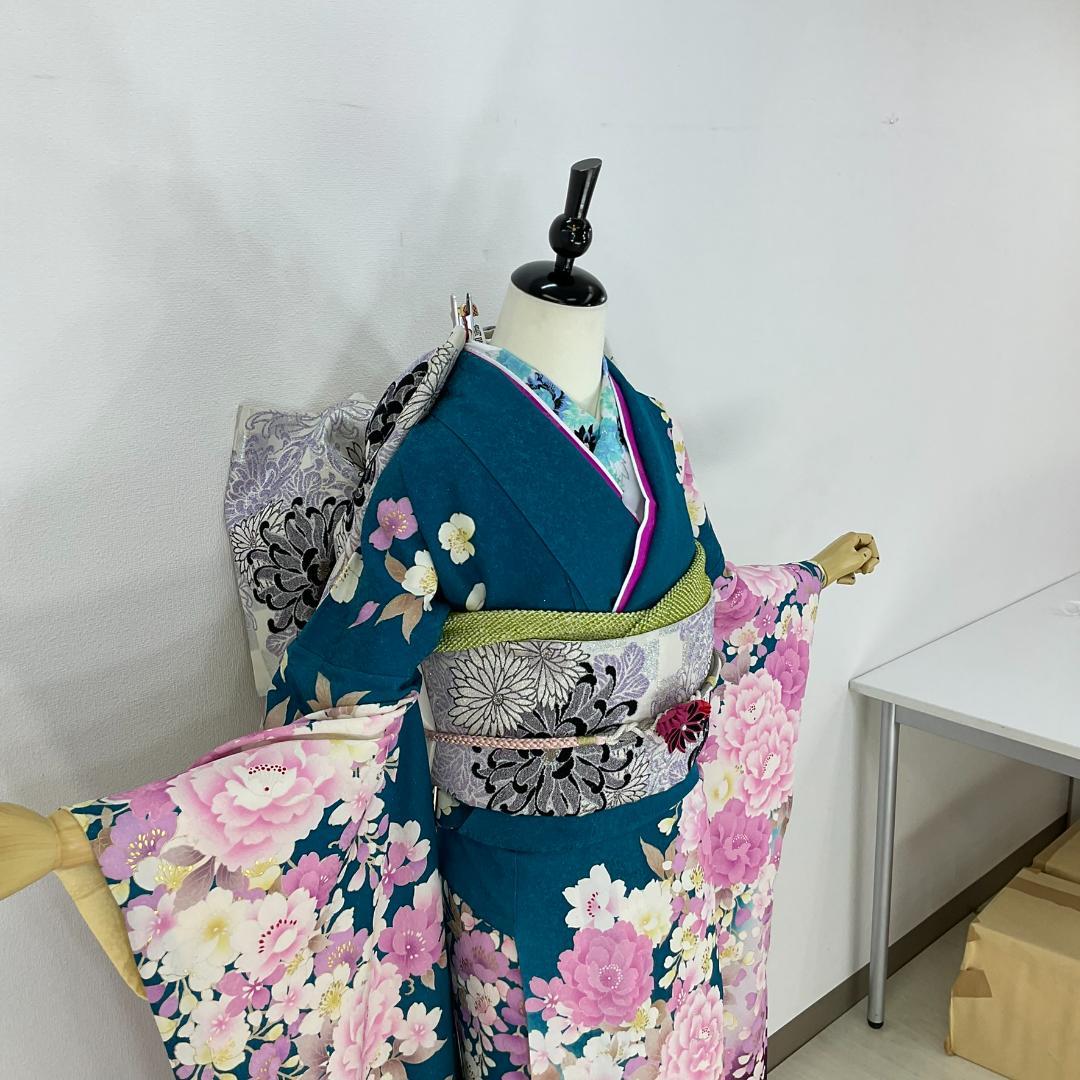 お振袖フルセット　7点セット　ブルーグリーン　銀通し　正絹　美品