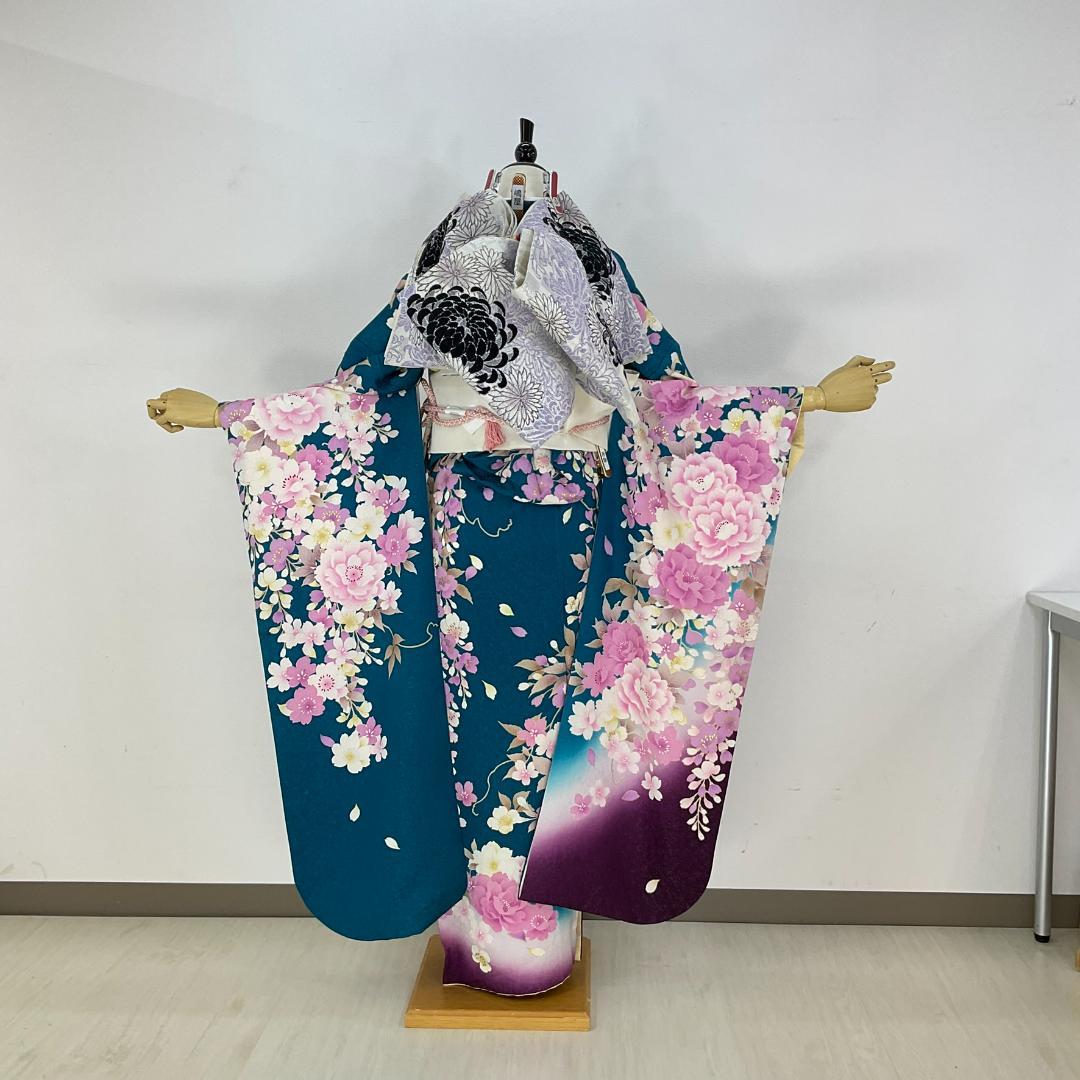 お振袖フルセット　7点セット　ブルーグリーン　銀通し　正絹　美品