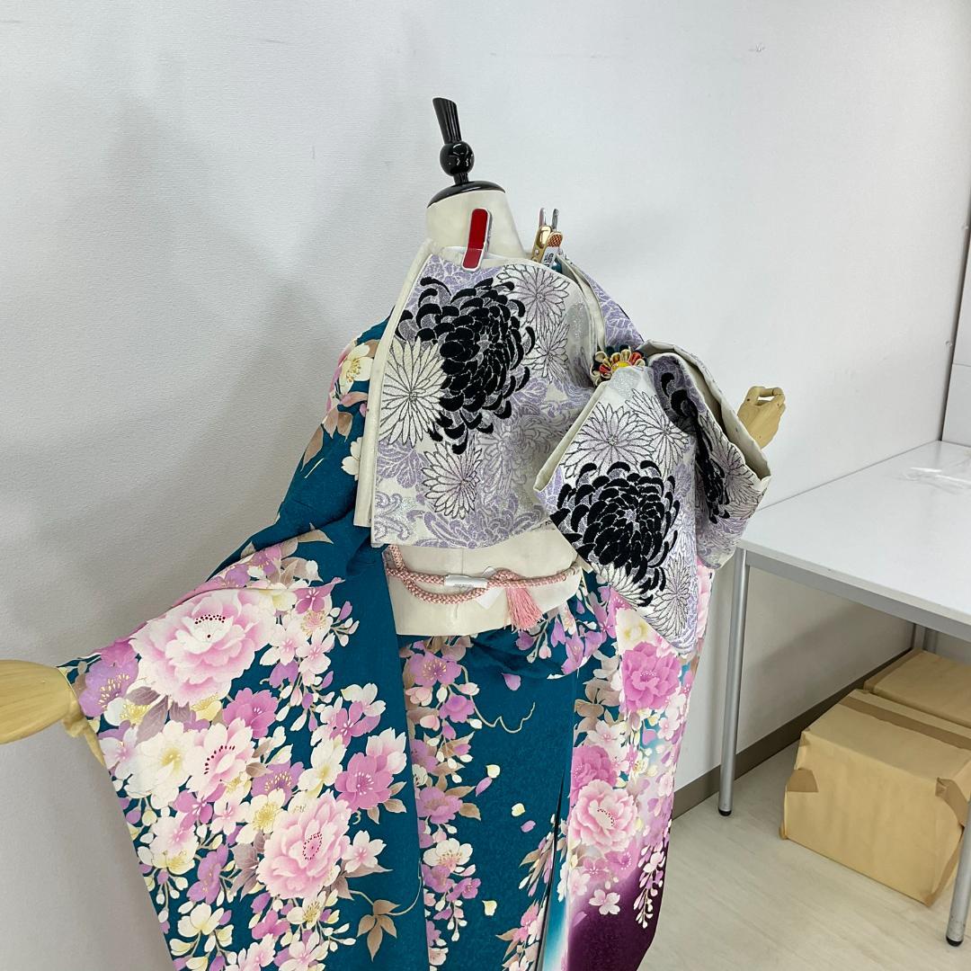 お振袖フルセット　7点セット　ブルーグリーン　銀通し　正絹　美品