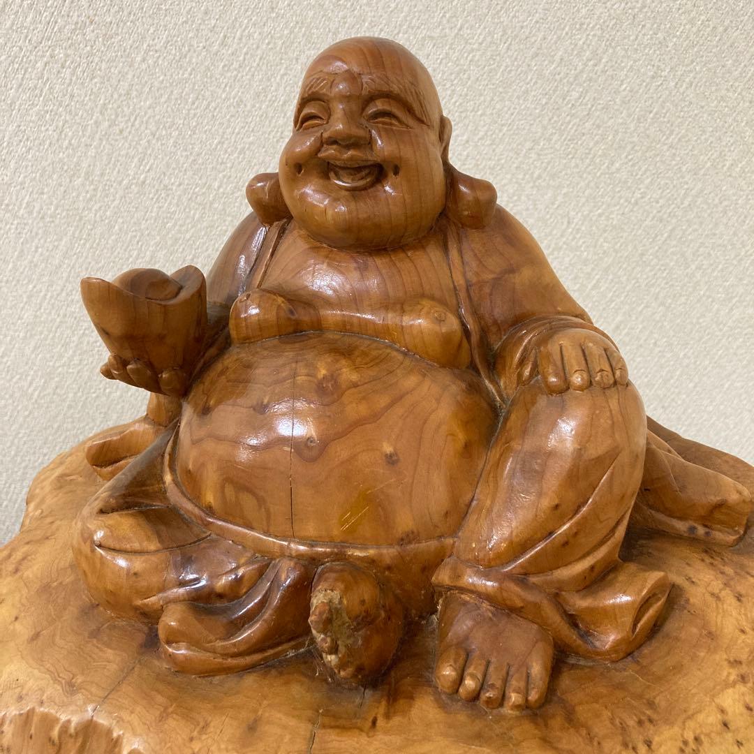 大型　天然木　木彫り　七福神　布袋様　中国美術　置物〈検 オブジェ　 仏像　瘤木