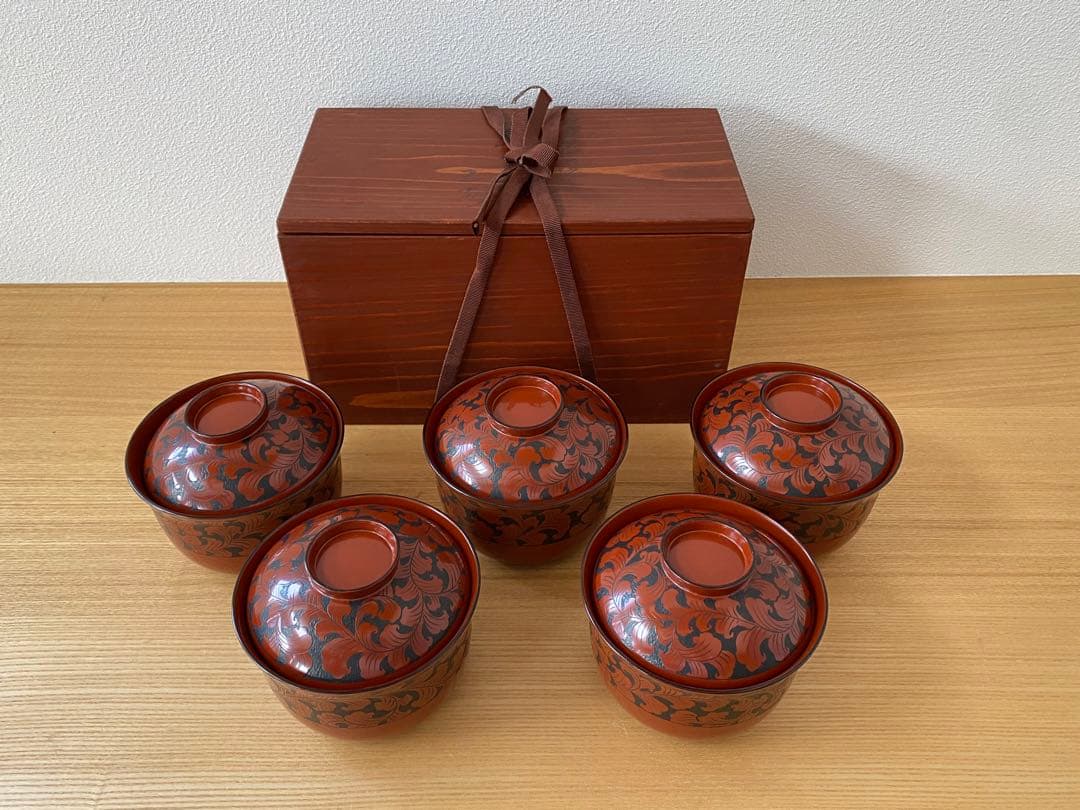 輪島塗　点彫唐草　吸物椀　5客セット