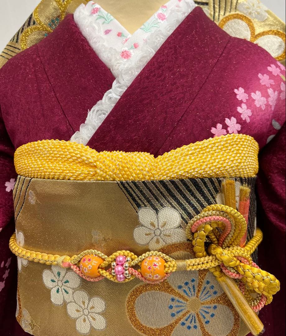 振り袖　フルセット　長襦袢　成人式　 金彩加工　刺繍入り　金通し　ワイン 655