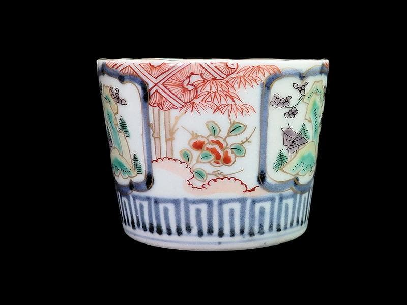 古伊万里　色絵　窓絵　岩に東屋　笹に花の図　蕎麦猪口　351AS-fbmr