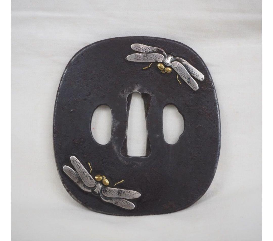 送料無料　江戸時代　勝虫図鐔/鍔　江戸　無銘　保存刀装具鑑定書（箱付）