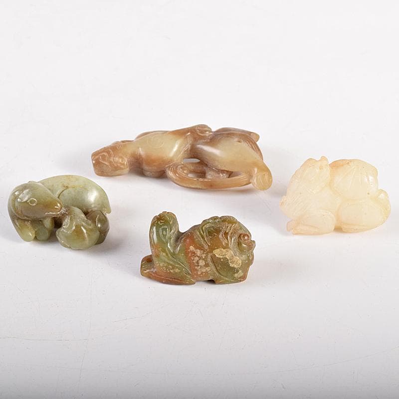 中国　玉石彫刻　神獣　根付　紙鎮　置物　4点まとめて　D　R8460