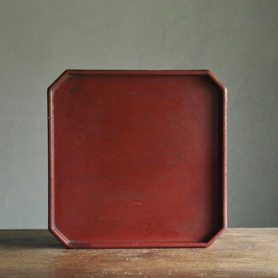 隅切 折敷 朱塗り 盆 古美術 古道具 アンティーク 盆 折敷盆