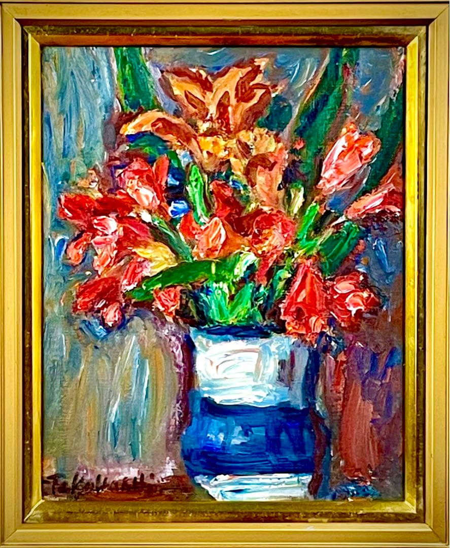 高橋惟一　真作 「花」油彩3号　スイスで活躍　評価1号23万円　古径製額縁