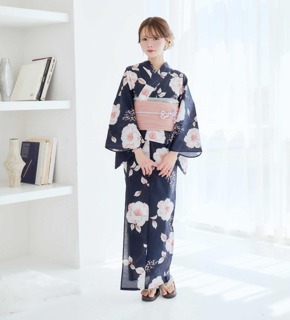 二部式浴衣 セパレート浴衣 3点set 珊瑚色の花あそび 濃紺地 Y5-23-2