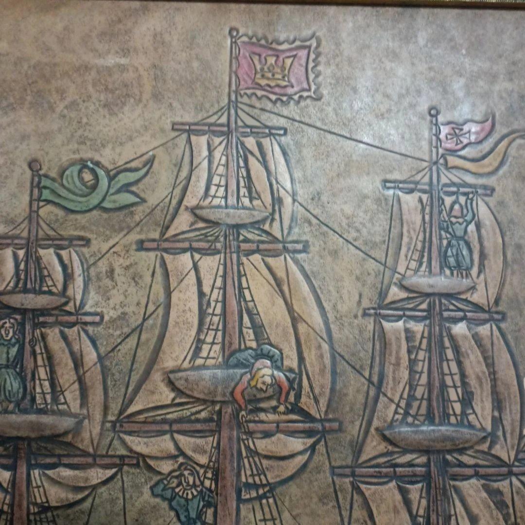 5678) 栗原千鶴子 南蛮船　革細工の絵画　画家の解説あり