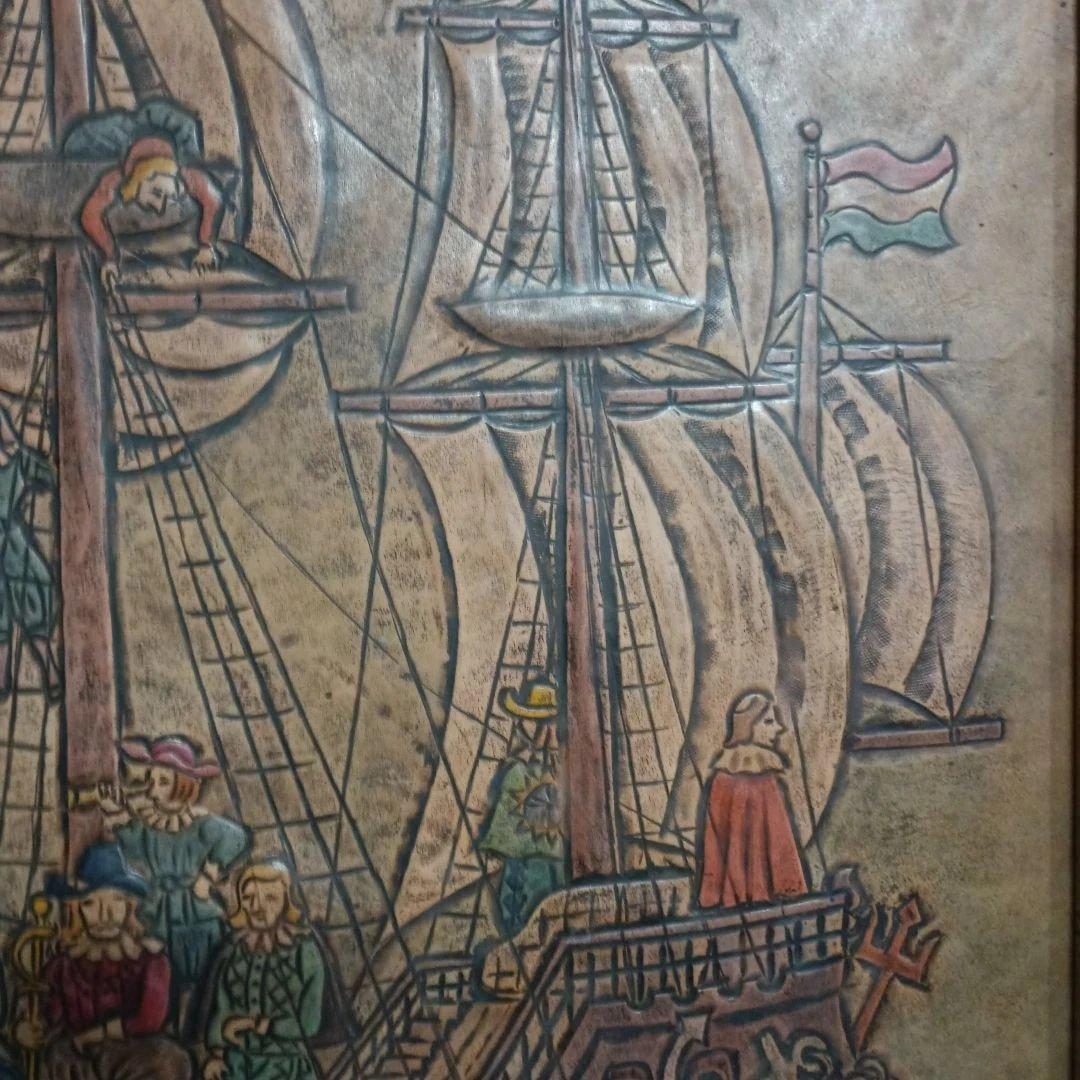 5678) 栗原千鶴子 南蛮船　革細工の絵画　画家の解説あり