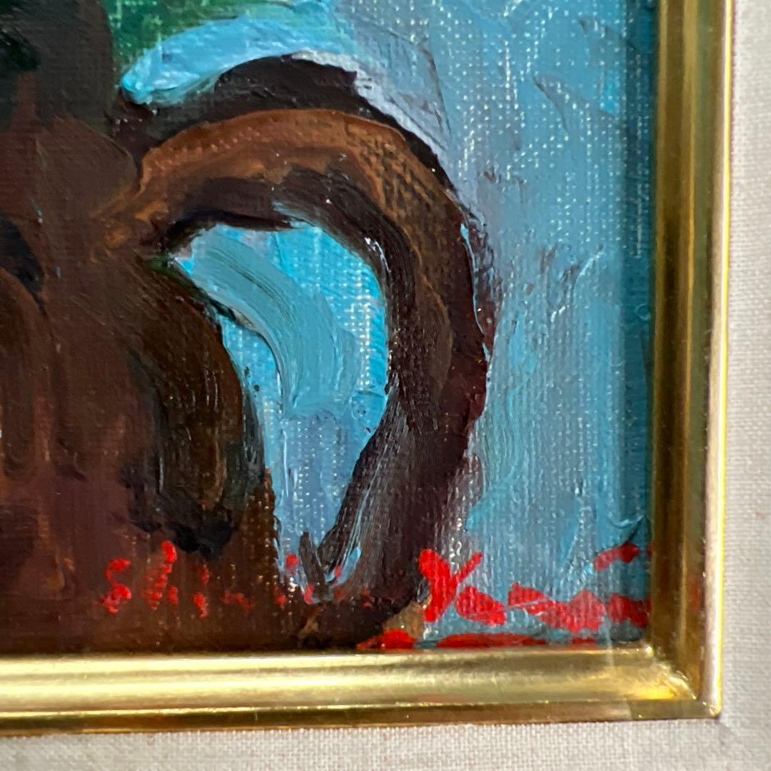 山田新一油彩画 バラの花束 金色フレーム付き