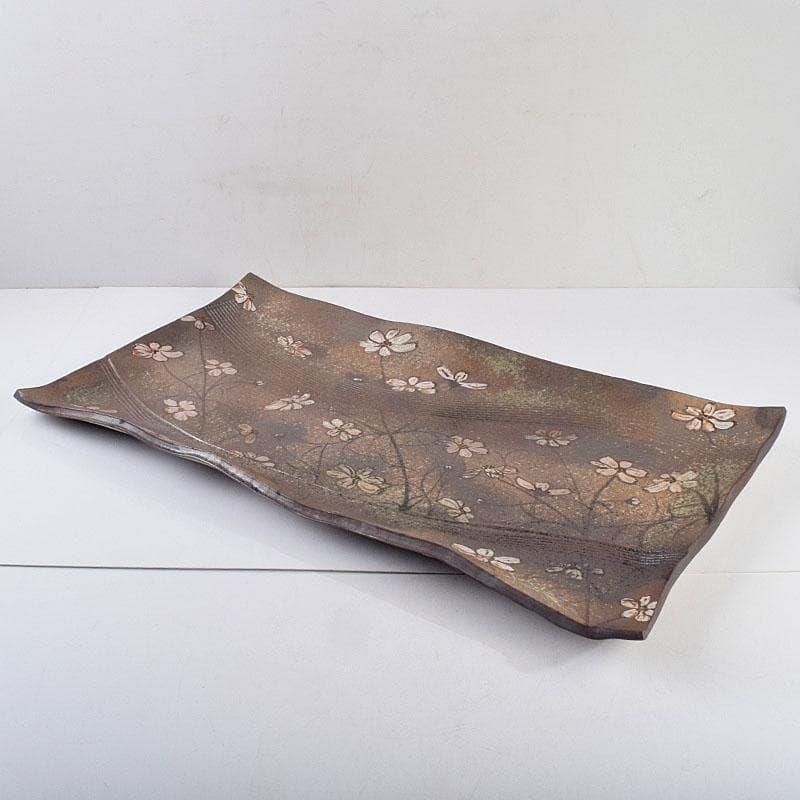 益子焼　堀越美紀作　自然釉　秋桜文　長皿　共箱　N　8681D
