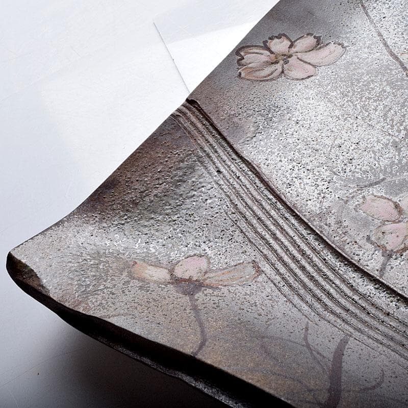 益子焼　堀越美紀作　自然釉　秋桜文　長皿　共箱　N　8681D