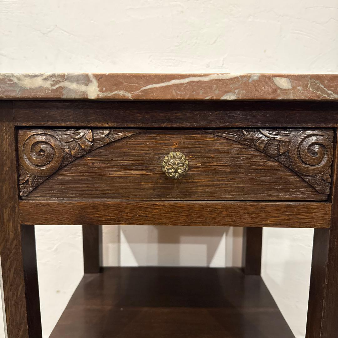 ヴィンテージ　木製サイドテーブル　引き出し/扉収納付き　大理石天板