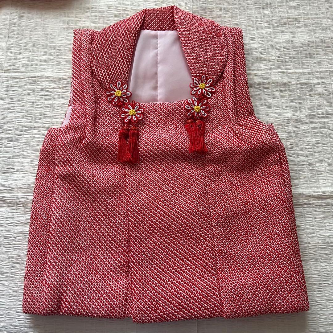 未使用品 七五三 3歳 着物 赤 総絞り 753 絹 被布 三歳 赤 草履 巾着