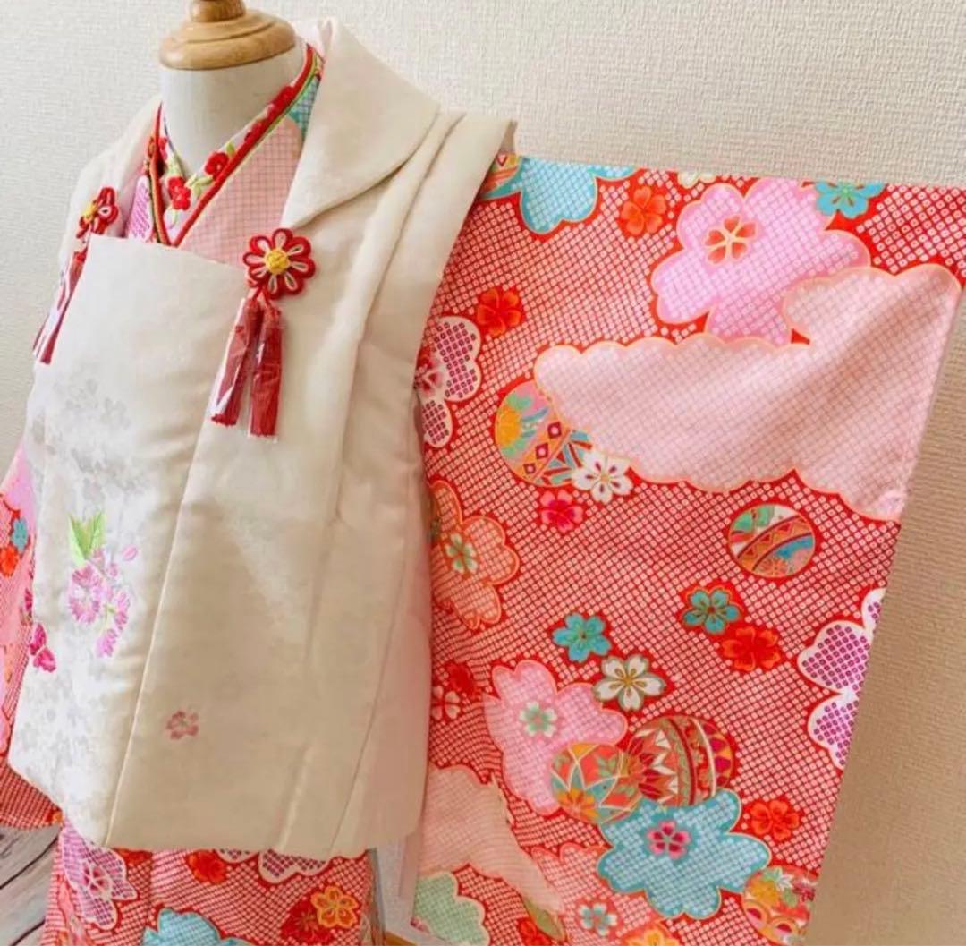 【白×ピンク絞り風】七五三 3歳 着物　被布コート12点セット　女の子　千歳飴