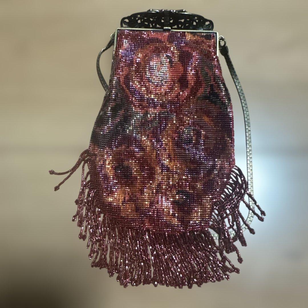 デリカビーズ刺繍バラ柄パーティーバッグ