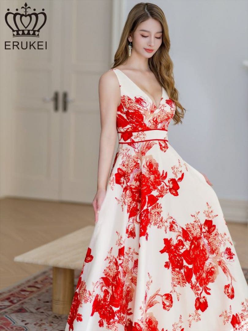 ERUKEI フラワープリント Aラインドレス