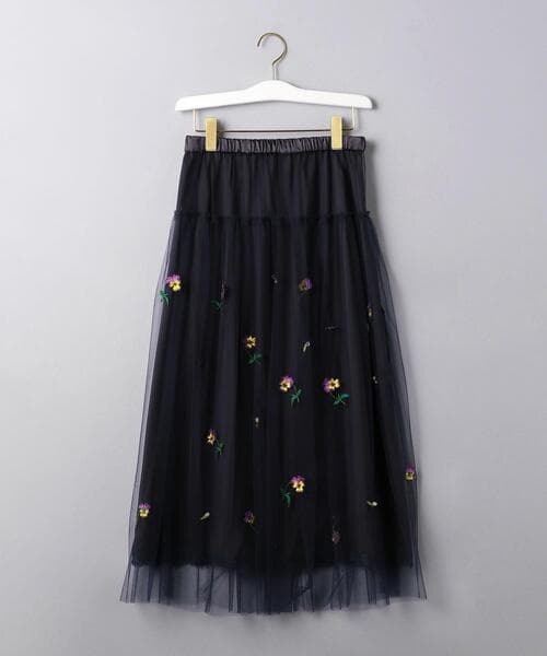 MUVEIL ビオラ刺繍 チュールスカート フラワー ネイビー サイズ40