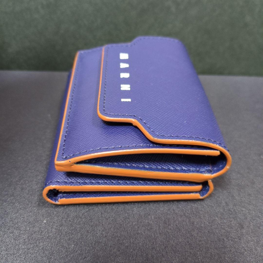 MARNI ロゴ 3つ折財布 ネイビー ブラウン 袋 箱 付き 青