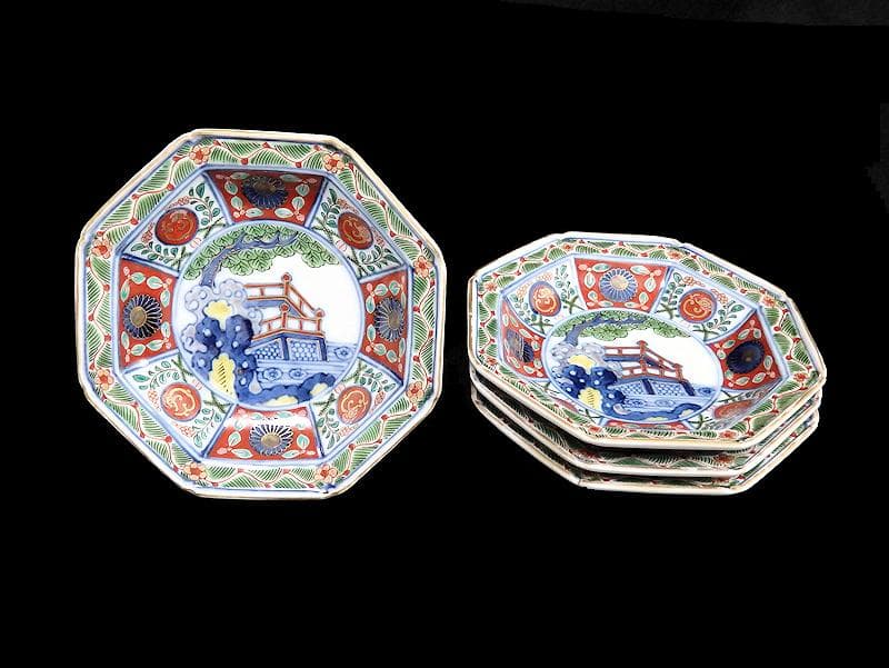 大聖寺伊万里　菊に龍　岩に欄干の図　八角４寸皿　４枚　D702AS-fbho