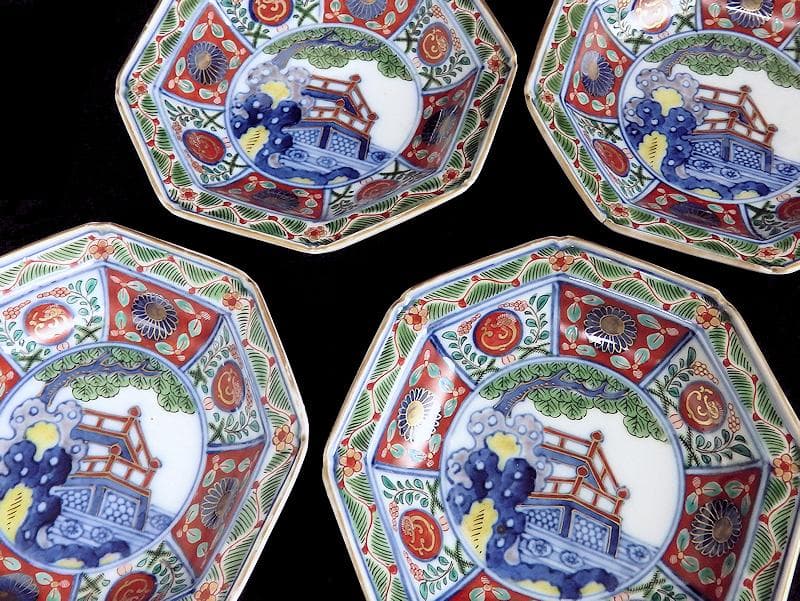 大聖寺伊万里　菊に龍　岩に欄干の図　八角４寸皿　４枚　D702AS-fbho