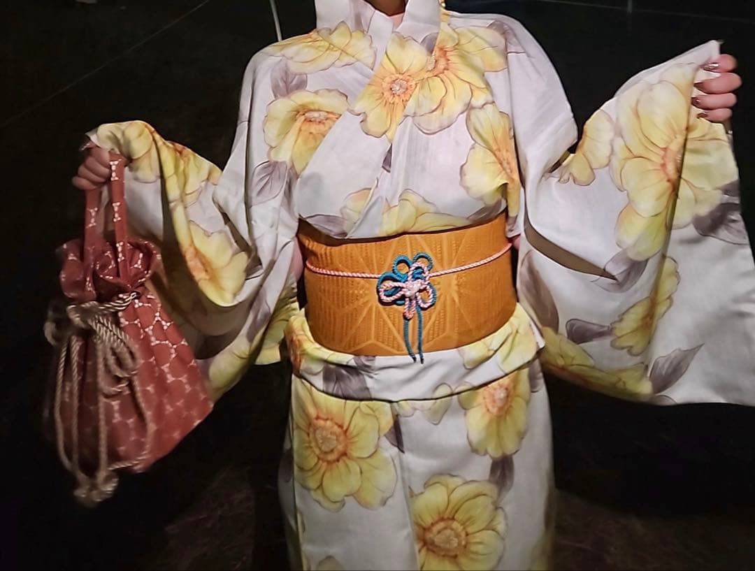 ベージュ地×水彩ポピー ゆかた　浴衣 帯 帯紐 髪飾り バッグ　5点セット