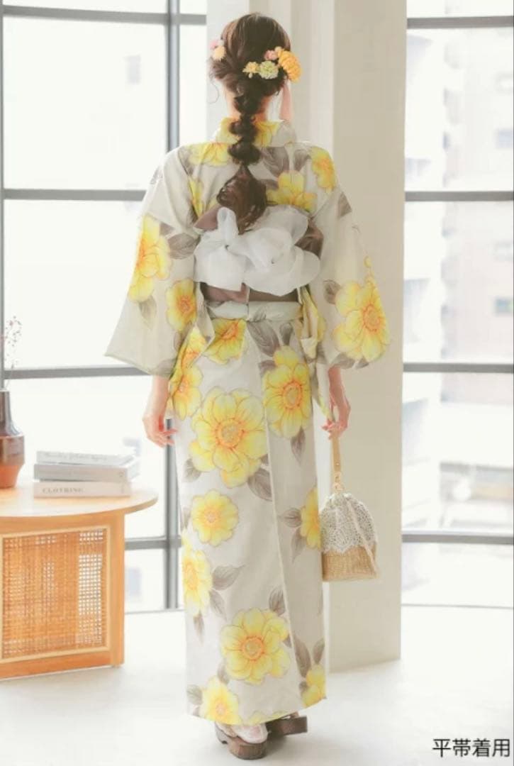 ベージュ地×水彩ポピー ゆかた　浴衣 帯 帯紐 髪飾り バッグ　5点セット