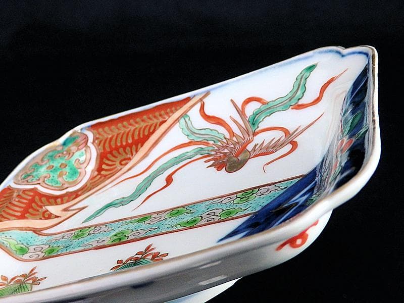 古伊万里　金襴手　桐に鳳凰　団龍紋に花の図　長角皿　289AS-BQs