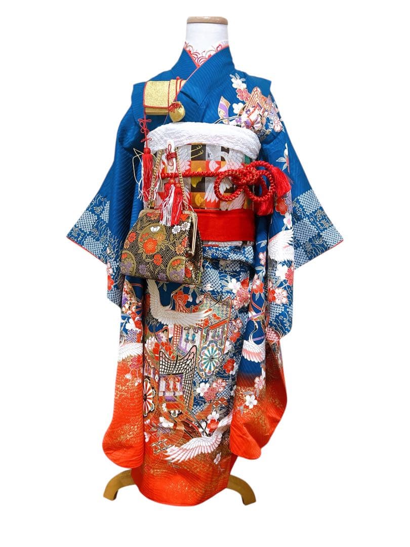 本格正絹着物♡七五三　7歳　女の子　フルセット　一式　藍色　鶴　古典柄