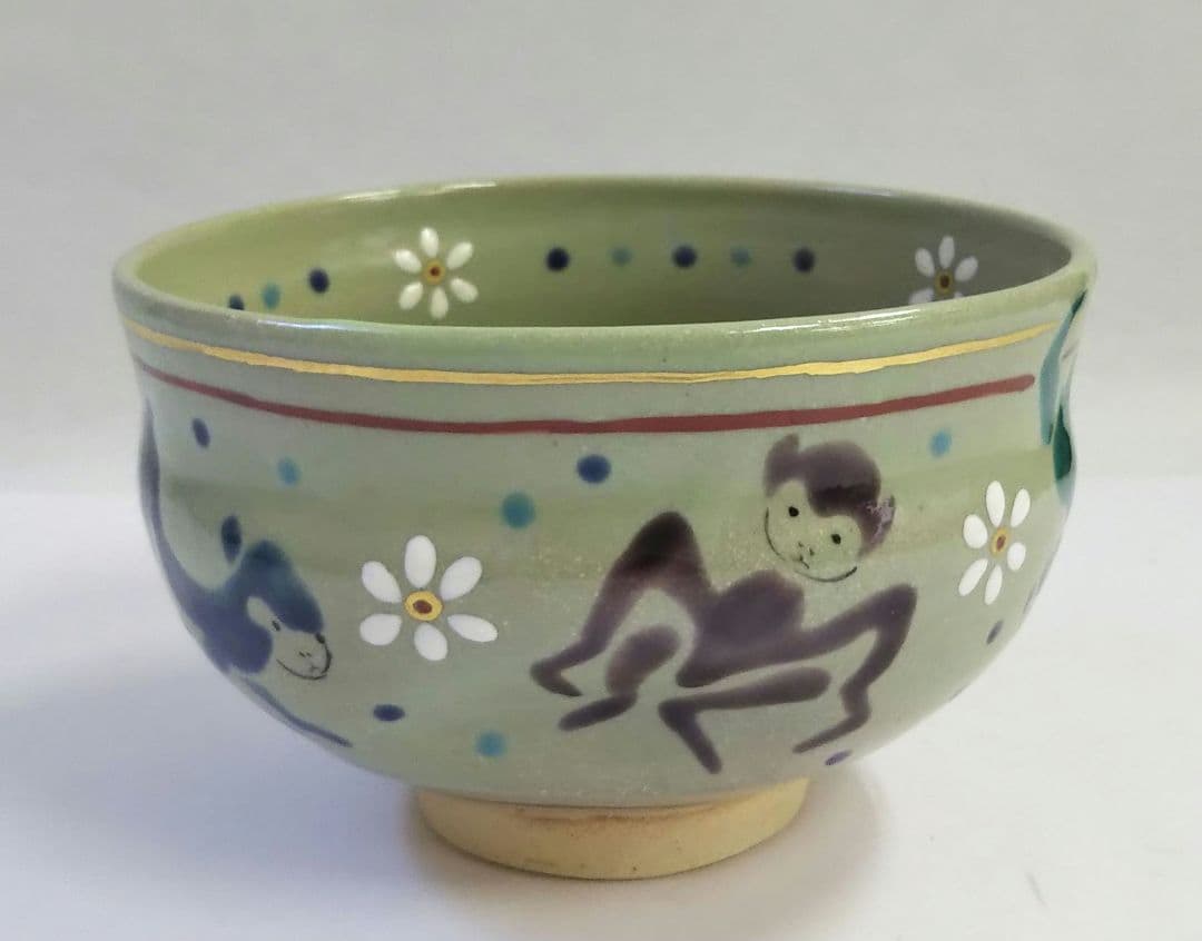 茶道具 茶碗 色絵 五色 干支 猿 申 清水焼 京焼 二代 中村源水 新品