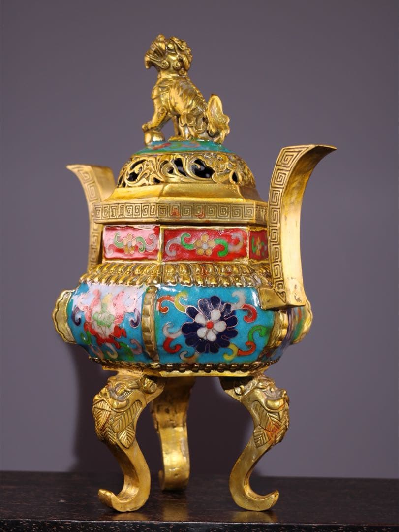 縁起物　文房具　純銅製 景泰藍香炉 三龍足 双耳狻猊蓋炉 掐絲七宝焼　置物美品