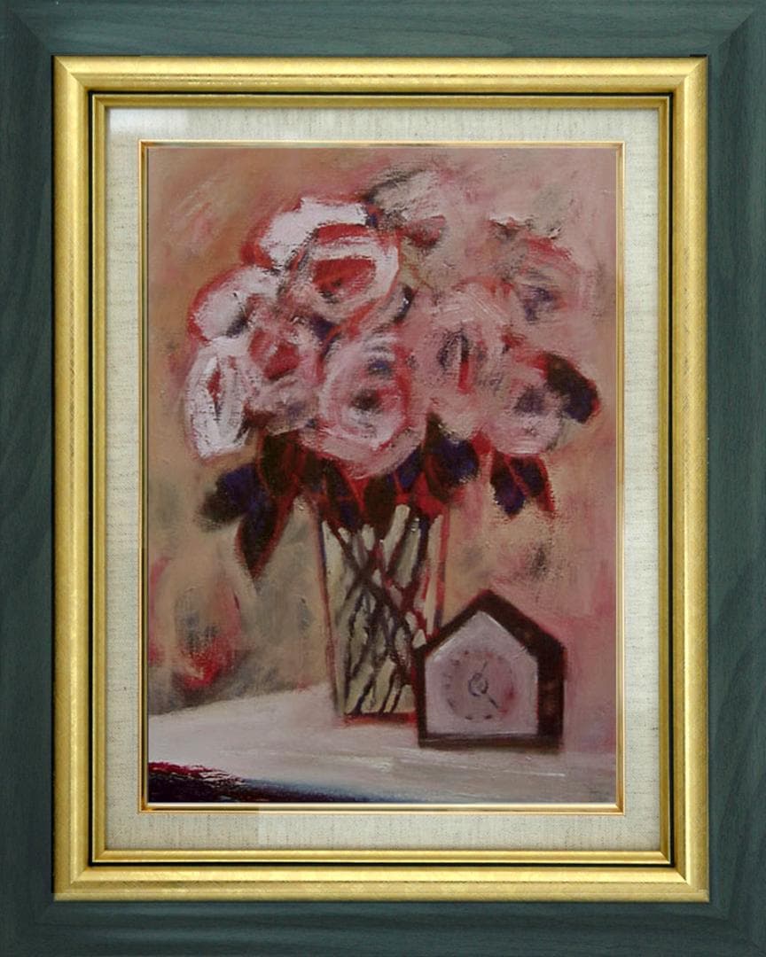 油絵 菅家令子 絵 絵画インテリア 額付(青緑＋金色の枠)uF6-112502花