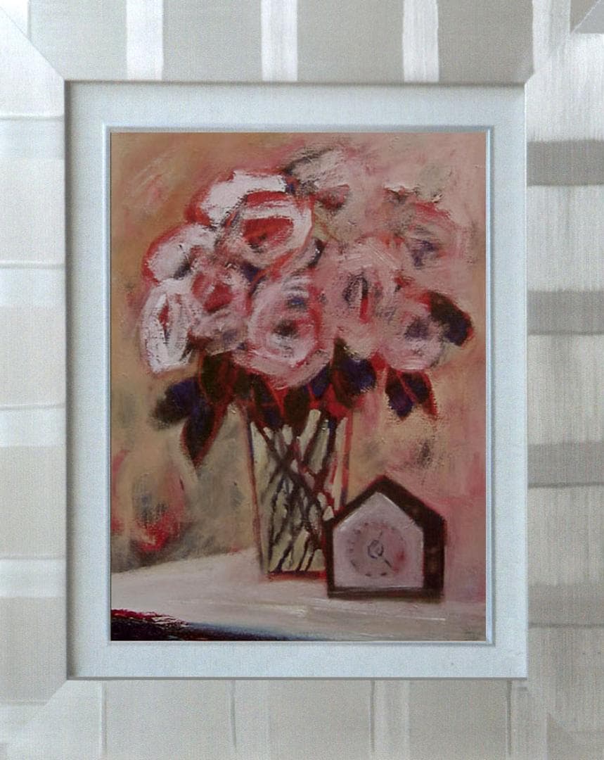 油絵 菅家令子 絵 絵画インテリア 額付(青緑＋金色の枠)uF6-112502花