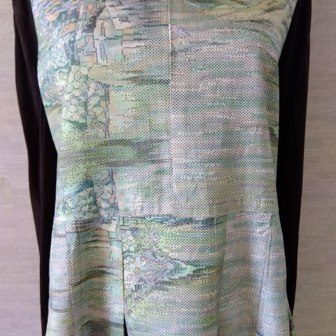 2026J014 着物リメイク　淡いグリーン系の大島紬　ジャンパースカート