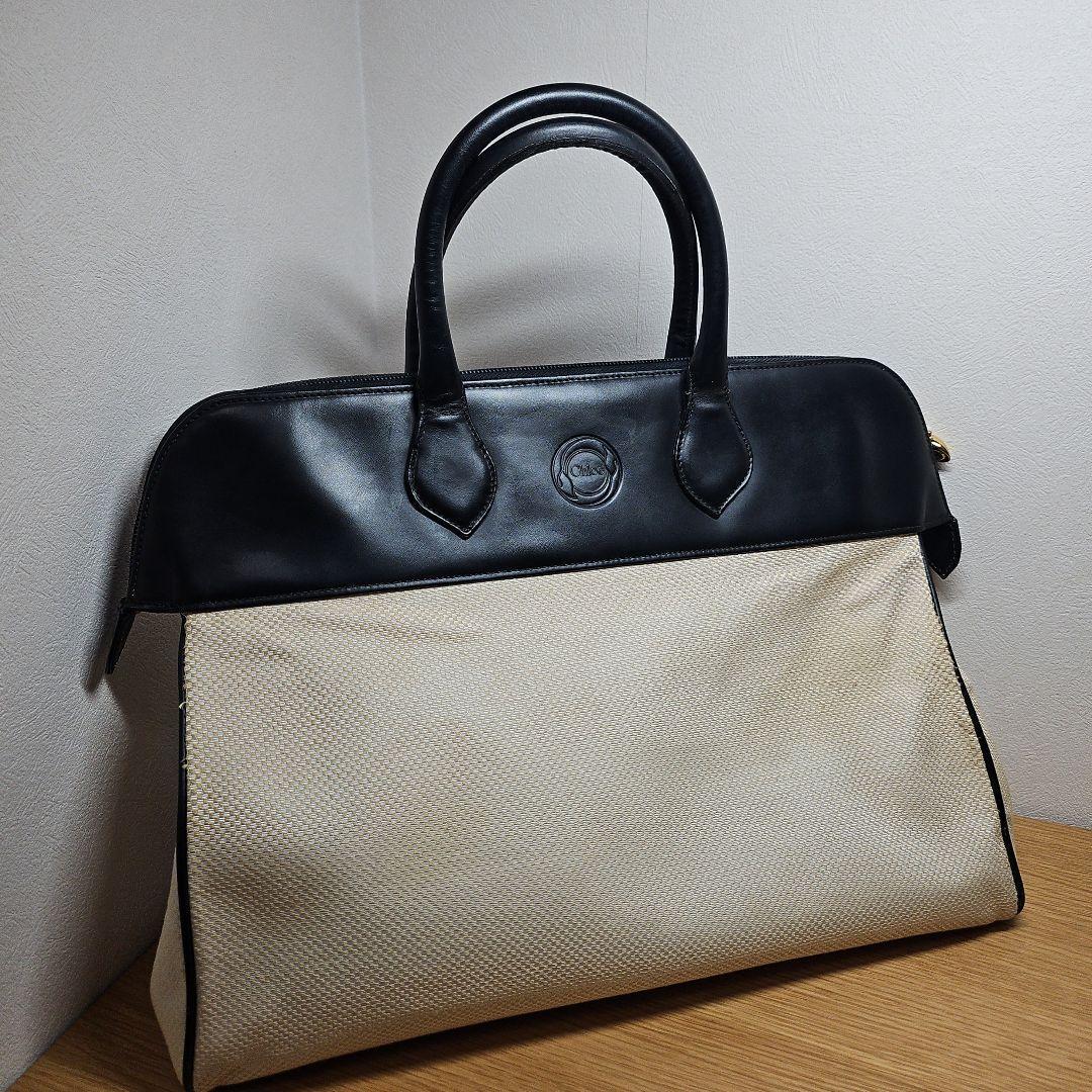 Chloe キャンバス レザー ハンドバッグ ブラック&ベージュ トートバッグ