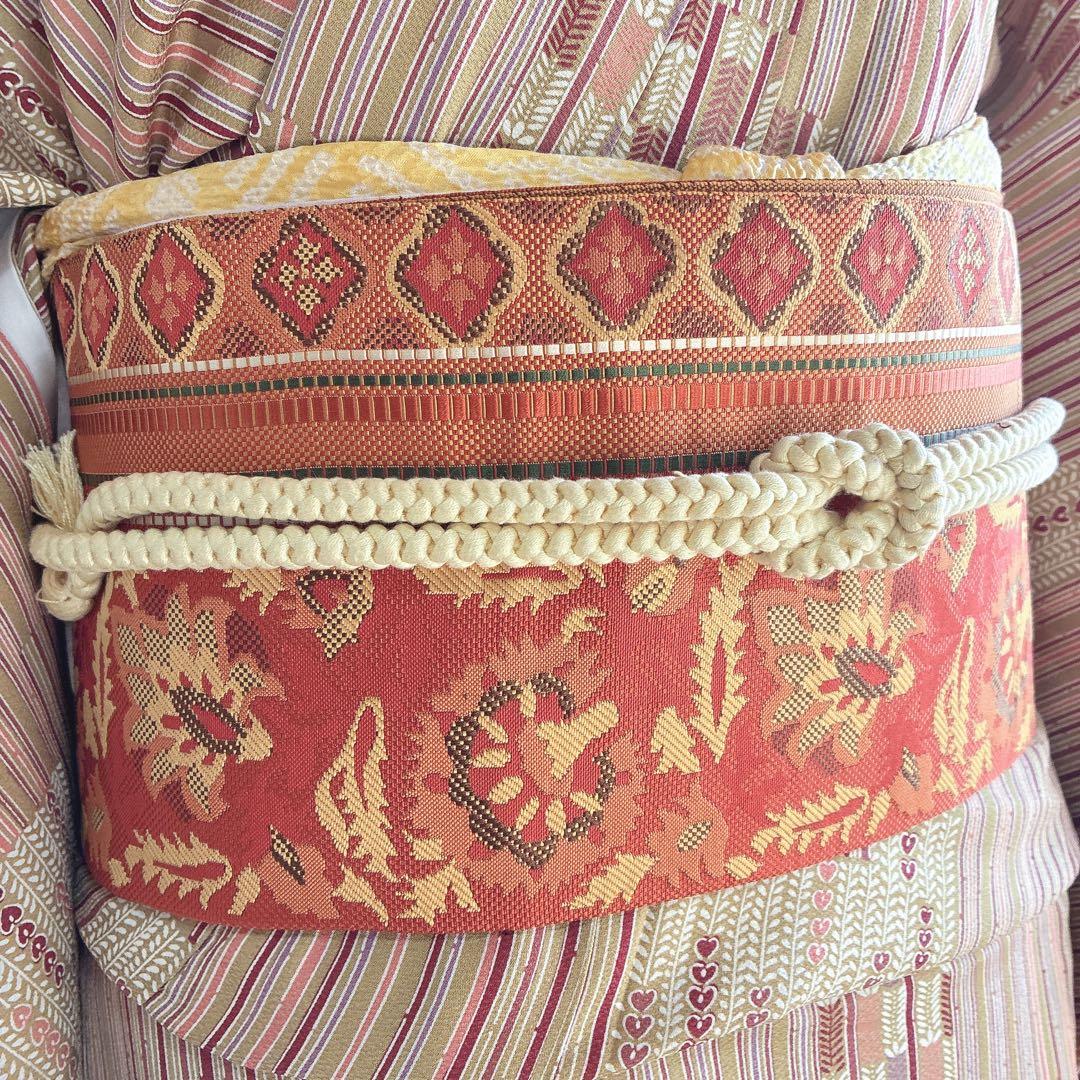 小紋　フルセット　着物　正絹　しつけ糸付き　ストライプ　温もり縞　民芸調　N2