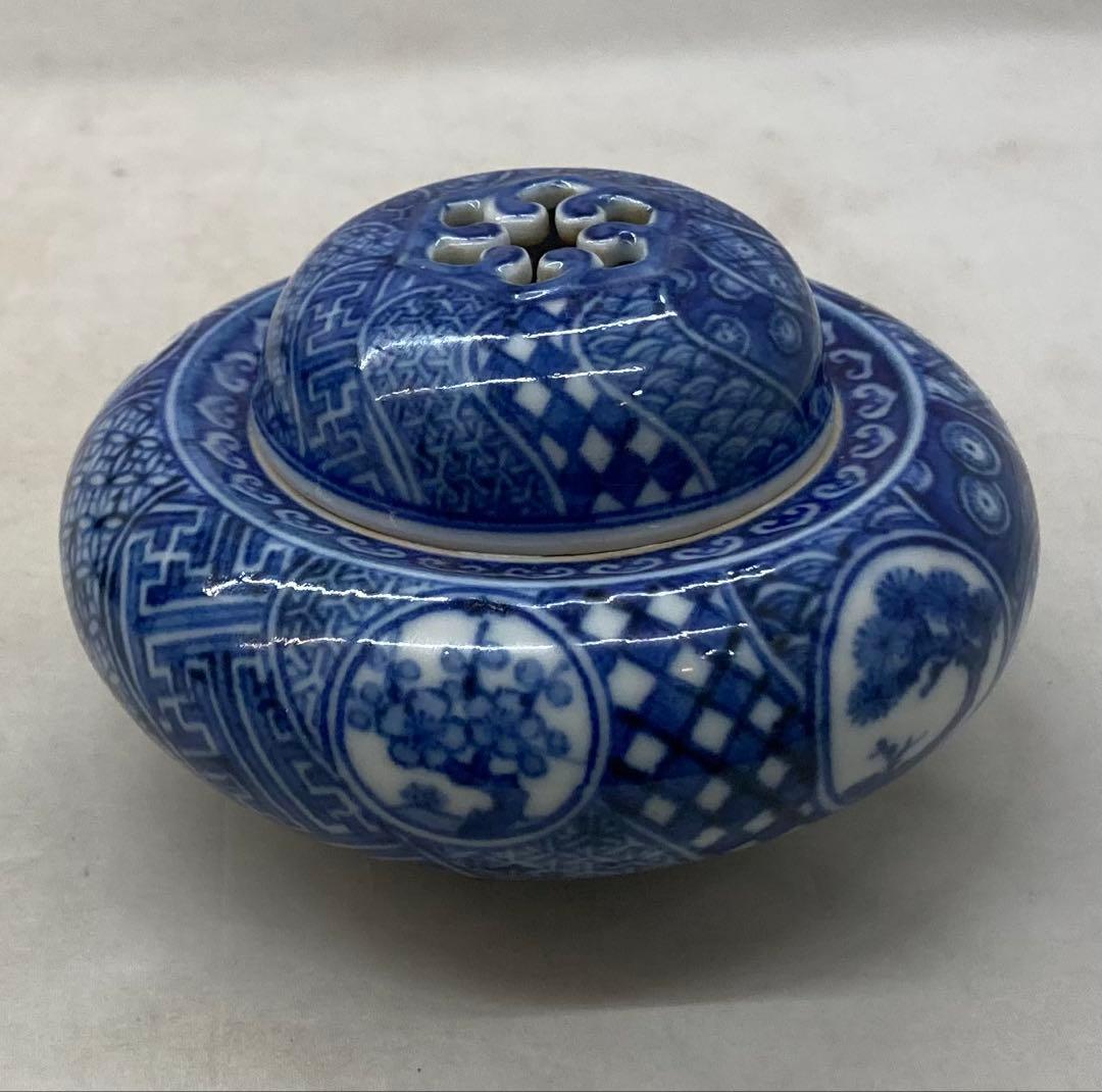 B504s「染付捻紋に松竹梅図 香炉」嶋田寿楽作　九谷焼　箱無　香道具