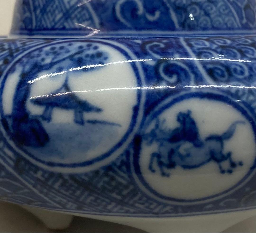 B504s「染付捻紋に松竹梅図 香炉」嶋田寿楽作　九谷焼　箱無　香道具