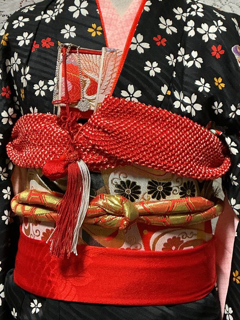 【中古】七五三女の子　四ツ身着物　長襦袢　作り帯　帯揚げ　帯締め　しごき　箱せこ