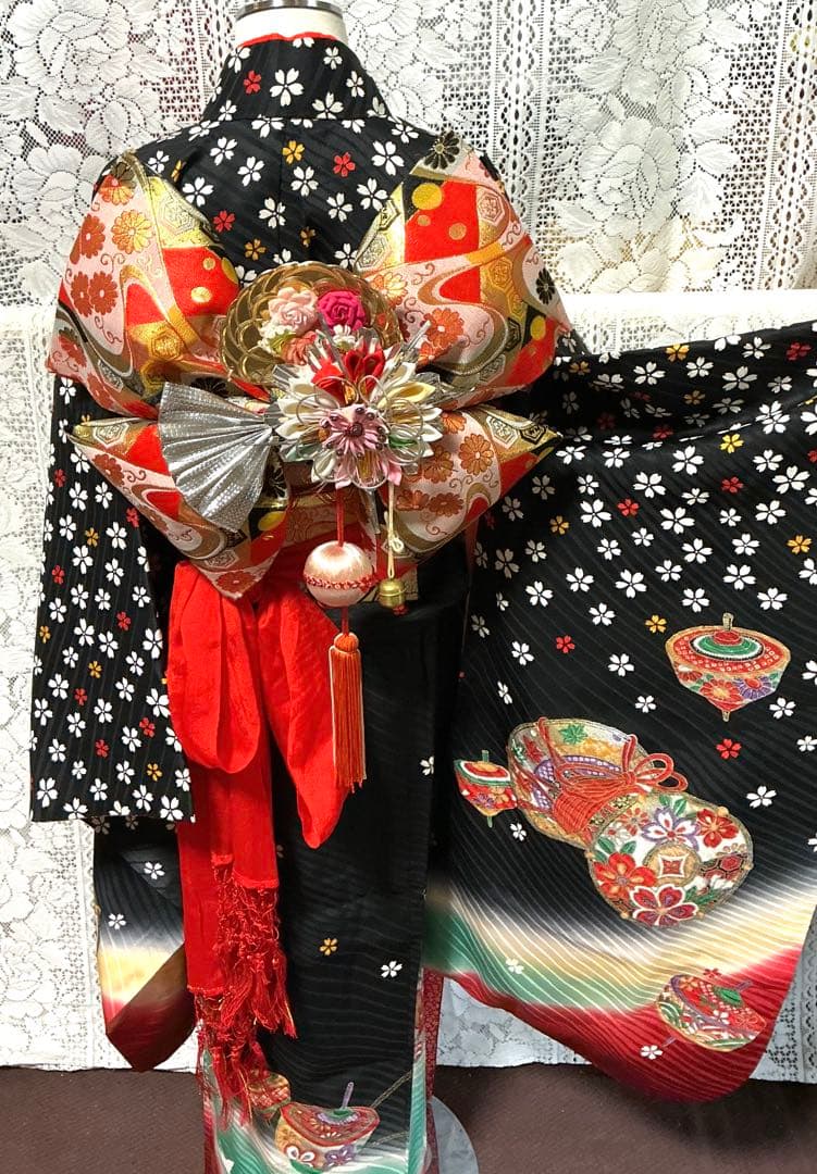 【中古】七五三女の子　四ツ身着物　長襦袢　作り帯　帯揚げ　帯締め　しごき　箱せこ