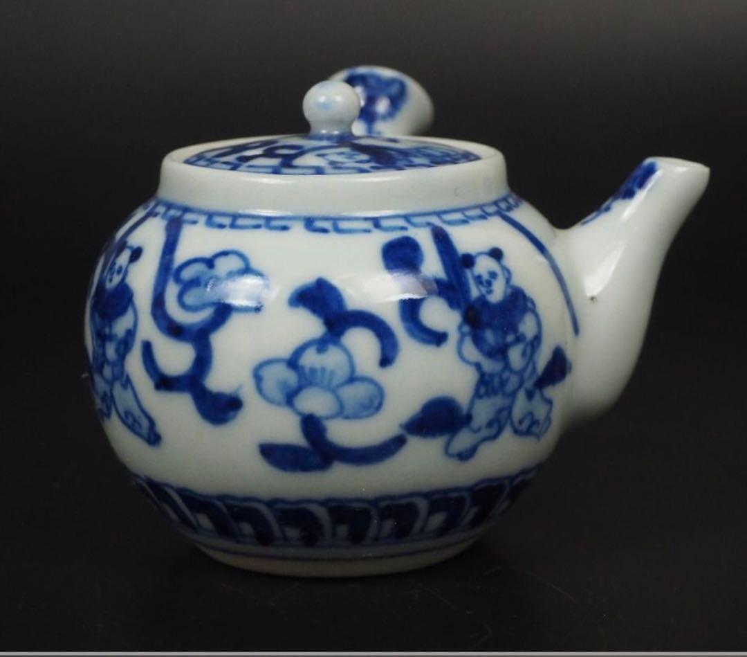 送料無料　大正時代唐子図青華急須　煎茶道具