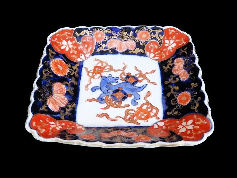 古伊万里　色絵　獅子に七宝紋の図　角皿　5枚　D559AS-BCh