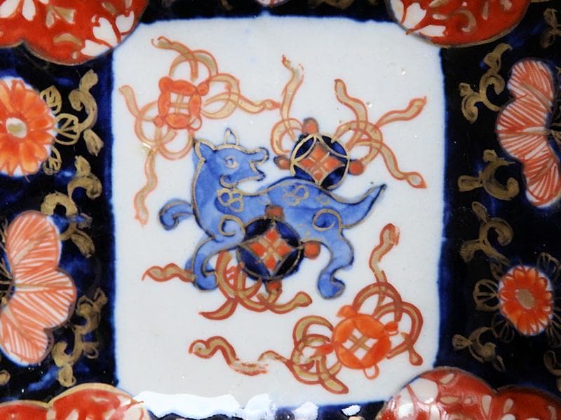 古伊万里　色絵　獅子に七宝紋の図　角皿　5枚　D559AS-BCh