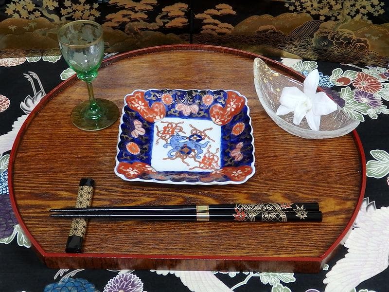 古伊万里　色絵　獅子に七宝紋の図　角皿　5枚　D559AS-BCh