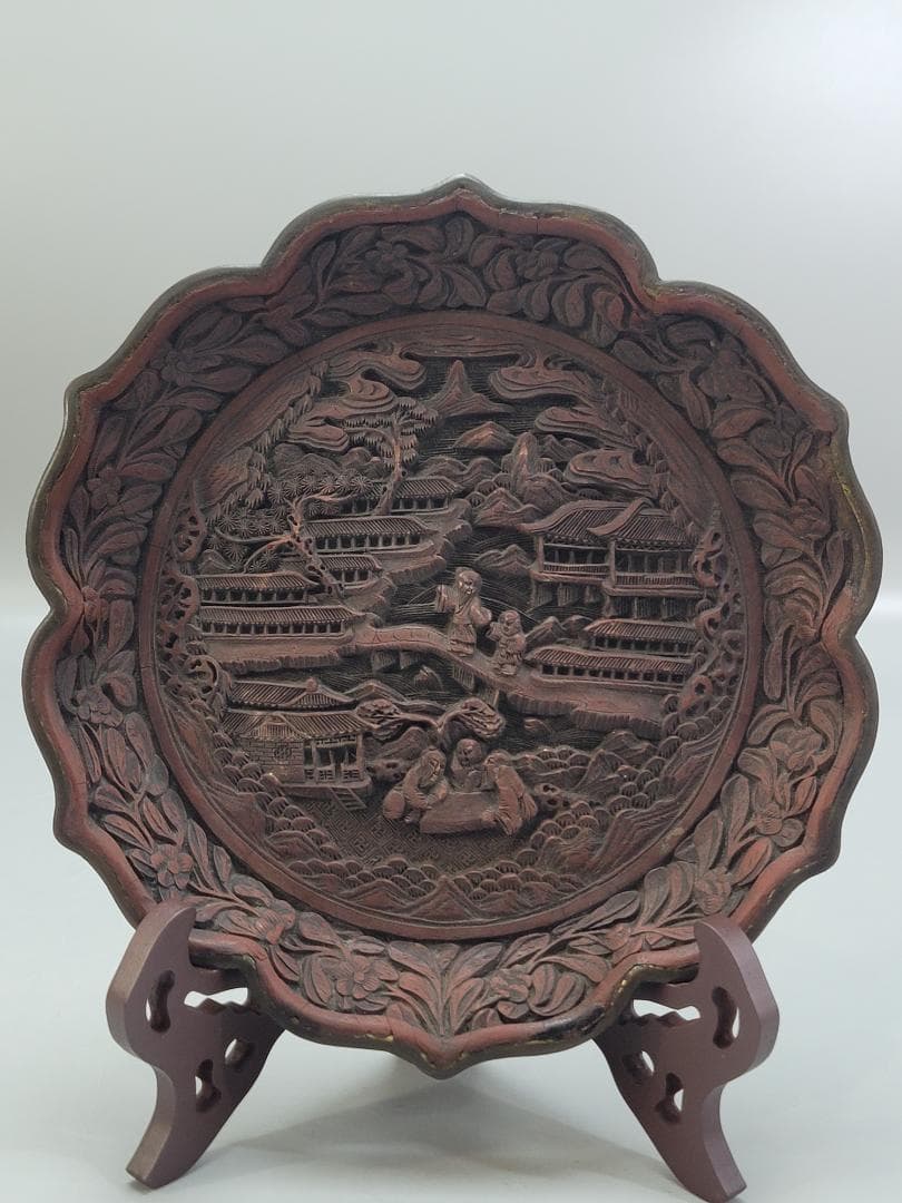中国美術 銅胎 堆朱 楼閣紋 輪花皿 DT554