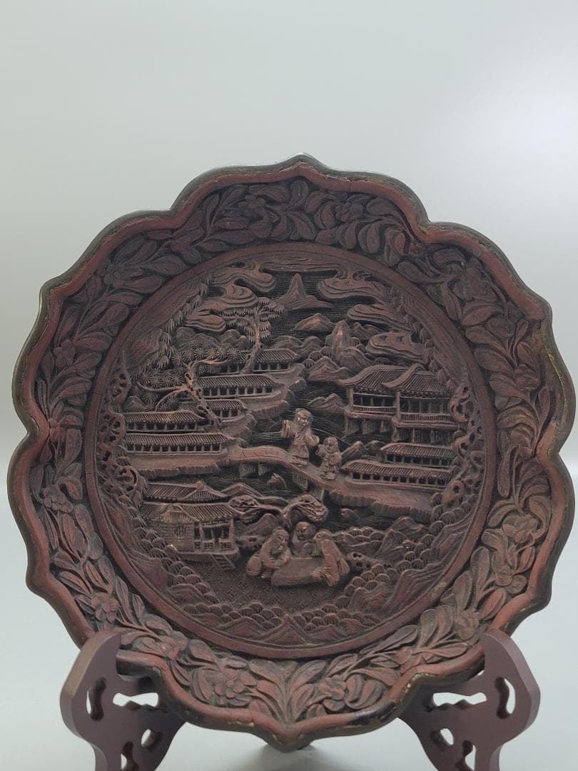 中国美術 銅胎 堆朱 楼閣紋 輪花皿 DT554