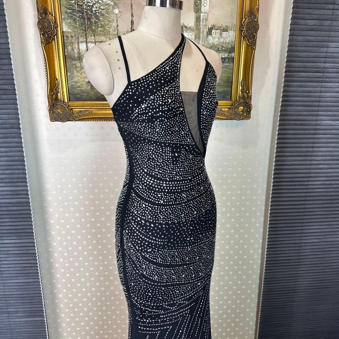 ブラック ストーン装飾 タイトフィットドレス